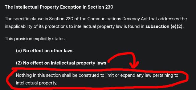 Screenshot of Section 230 showing the intellectual property exception.